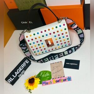 🆕KARL Lagerfeld PARIS Simone Studded White Multicolor Crossbody 2in1 Bag